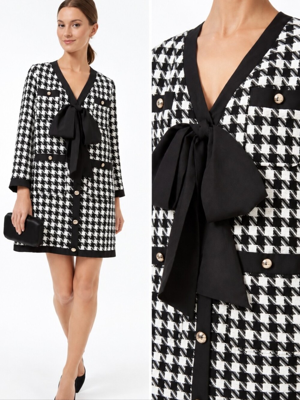 Tuckernuck Pomander Place Coco Tweed Bow Dress Black/White Houndstooth NWT Sz M